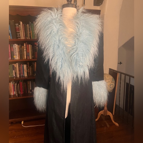 Vintage Faux Fake Fur Blue Denim Long Duster Coat 90s Y2K - Picture 2 of 13